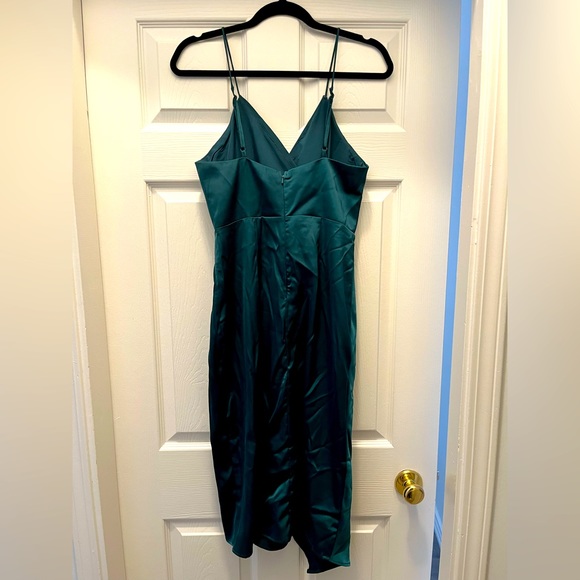 Lulu’s Quite Likely Dark Teal Satin Asymmetrical Midi Dress - Picture 2 of 5